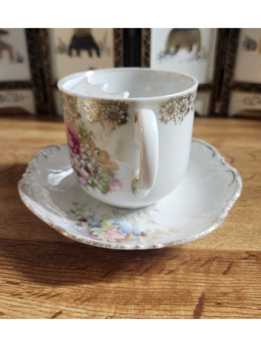 Victorian Mustache Tea Cup & Saucer Set Bone China Porcelain Pink Germany VTG - Picture 8 of 16